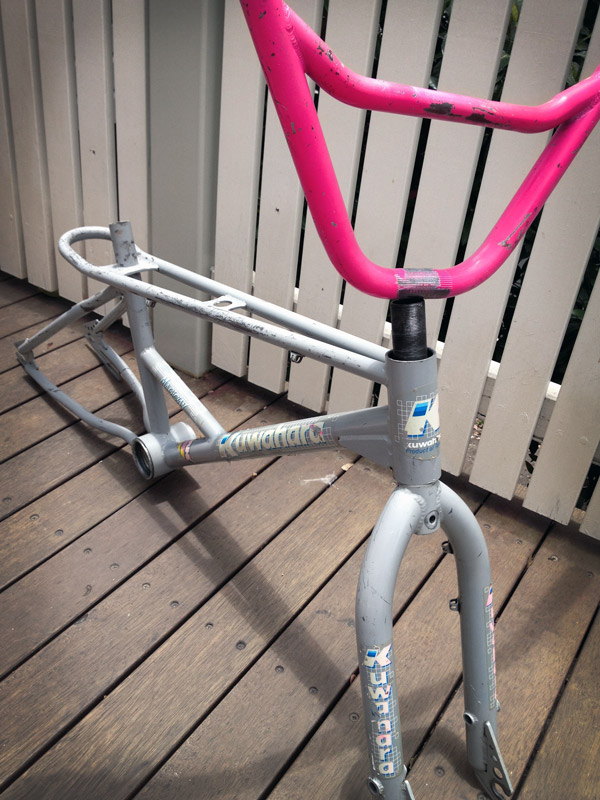 1987 Kuwahara Magician Pro frameset in survivor condition — portrait