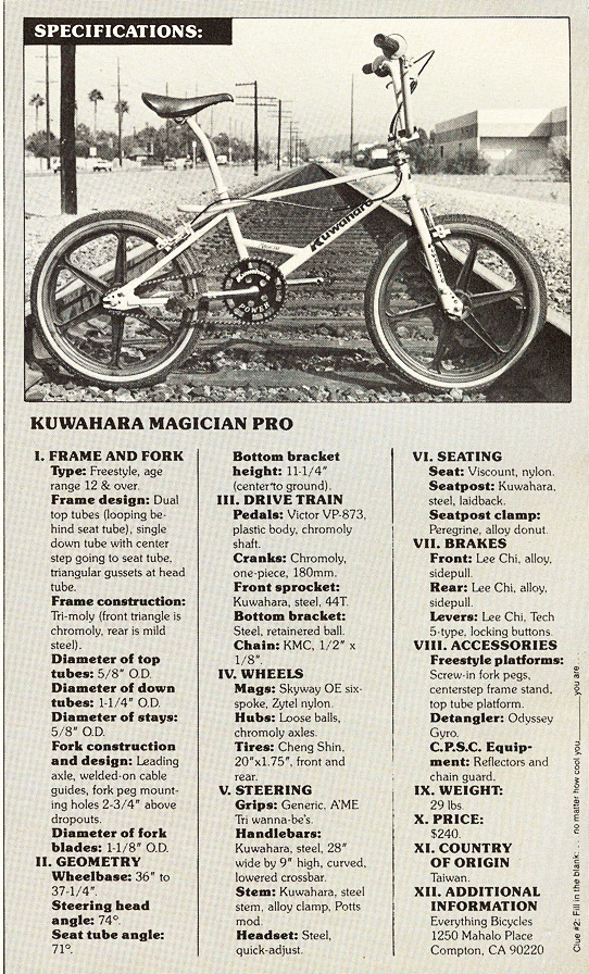 American Freestyler Magazine, Jan 1988 — Kuwahara Magician Pro road test, spec sheet detail