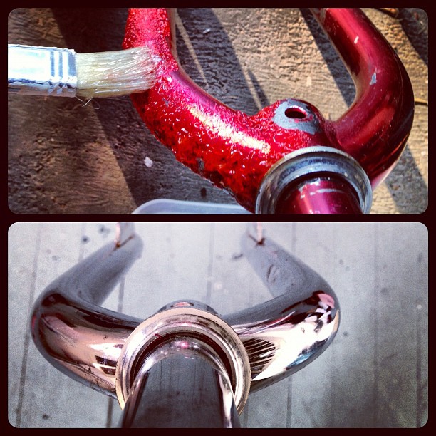 1980 stamped Akisu forks before and after stripping the old candy coat off the chrome.